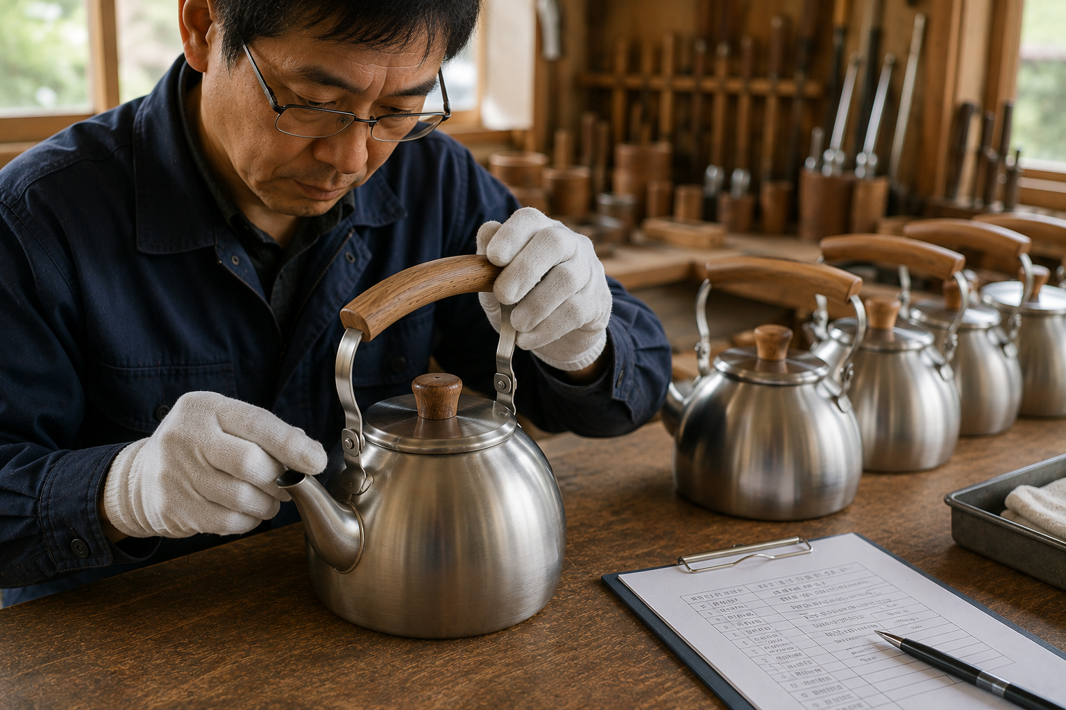 完成した道具を職人が最終検品する様子