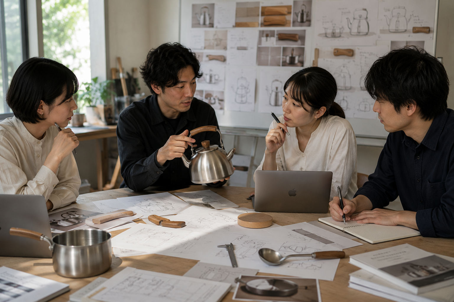 商品企画担当者と職人が試作品を確認する様子